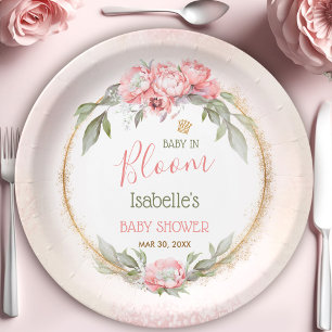 Baby In Bloom Pink Elegant Floral Girl Baby Shower Paper Plate