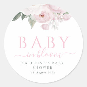 baby in bloom pink floral baby shower classic round sticker