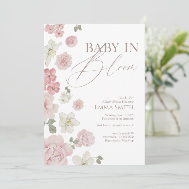 Baby In Bloom Pink Floral Baby Shower Invitation (Standing Front)
