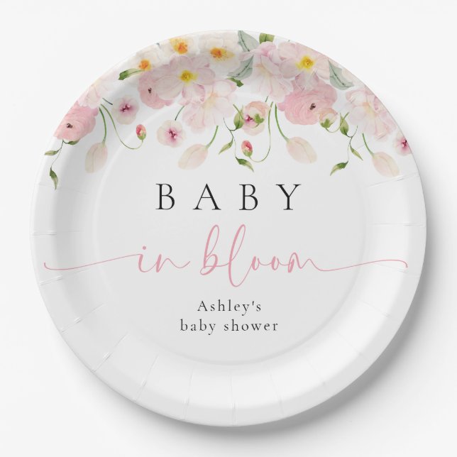 Baby In Bloom Pink Floral Baby Shower Paper Plate