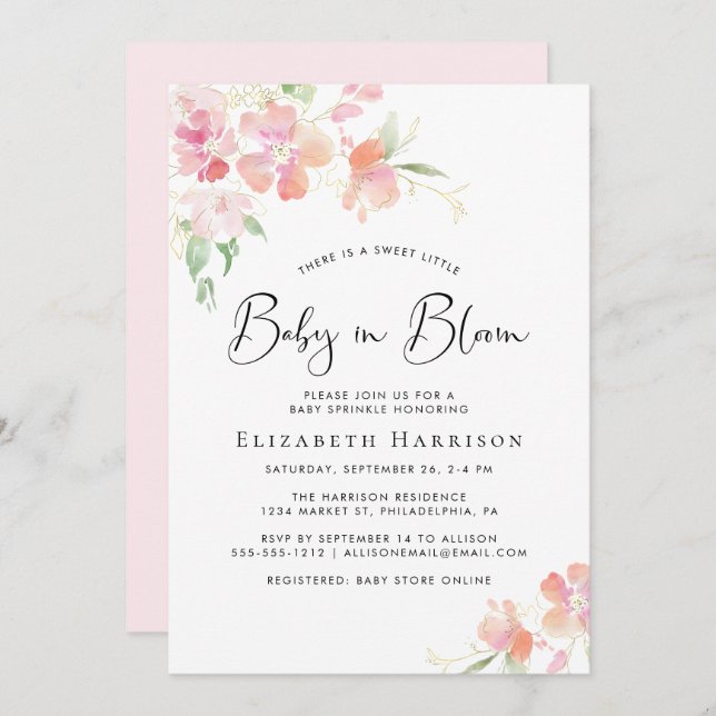 Baby in Bloom Pink Floral Baby Sprinkle Invitation (Front/Back)