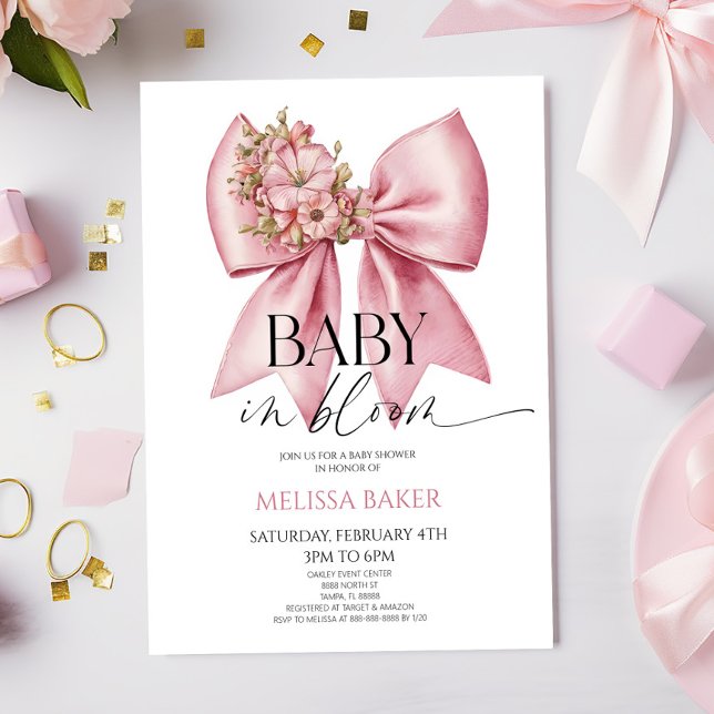 Baby In Bloom Pink Floral Bow Baby Shower Invitation (Creator Uploaded)