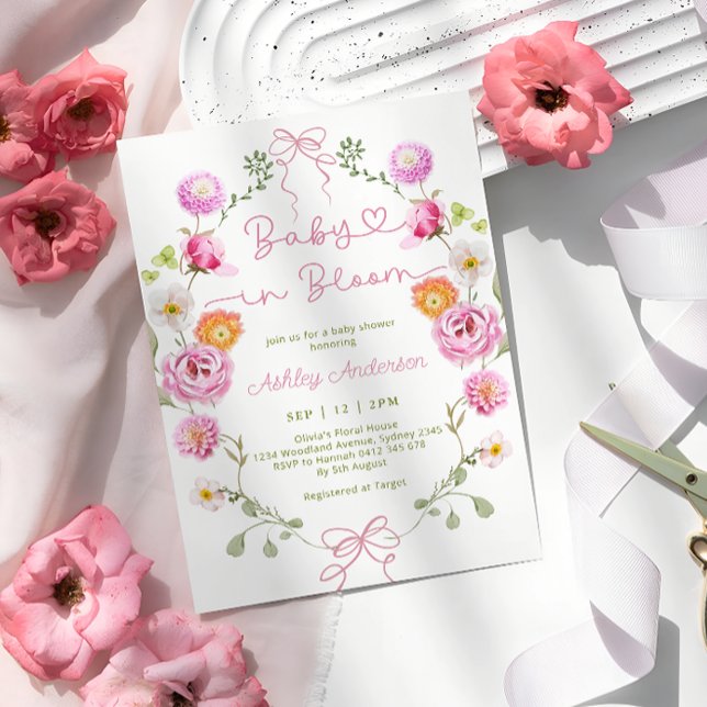 Baby in Bloom Pink Floral Bow Baby Shower Invitation (Creator Uploaded)