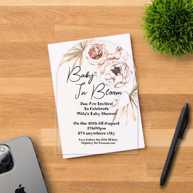 Baby In Bloom pink floral girl Baby Shower  Acrylic Invitations (Insitu (Invitation Card))