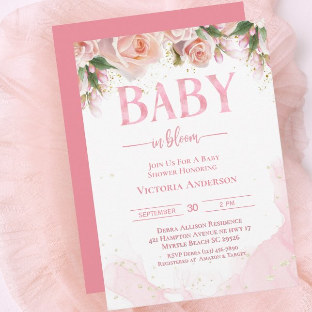 Baby In Bloom Pink Floral Girls Baby Shower  Invitation (Creator Uploaded)