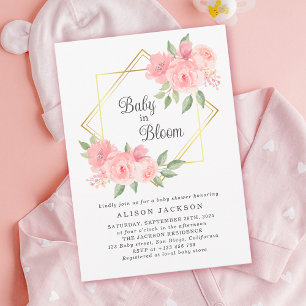 Baby in Bloom Pink Floral Gold Frame Baby Shower Invitation