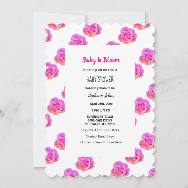 Baby In Bloom Pink Floral Roses Baby Shower Girl Invitation (Front)