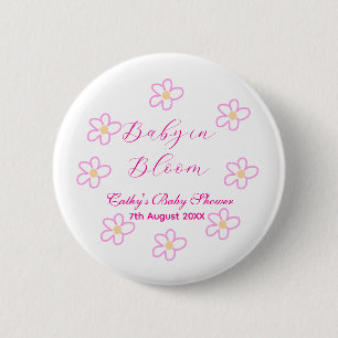 Baby in bloom pink flower baby shower simple elega 6 cm round badge