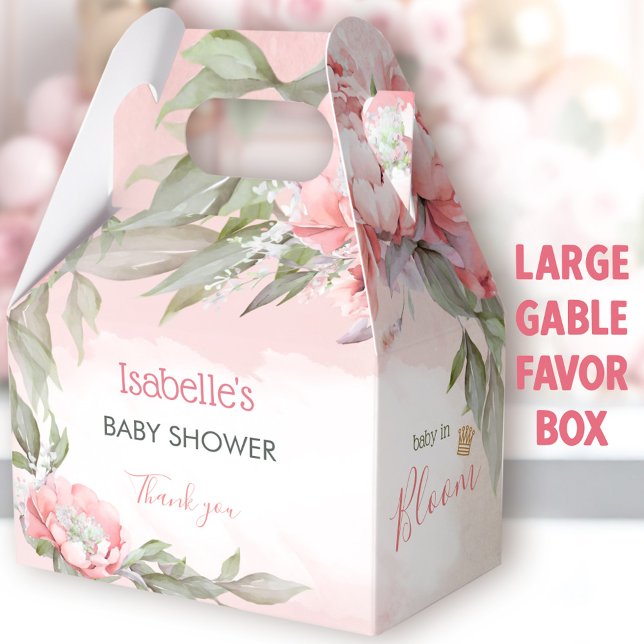 Baby In Bloom Pink Girl Baby Shower Large Gable Favour Box (Baby In Bloom Pink Large Favor Boxes - You can choose from 3 sizes of these gable favor Boxes)
