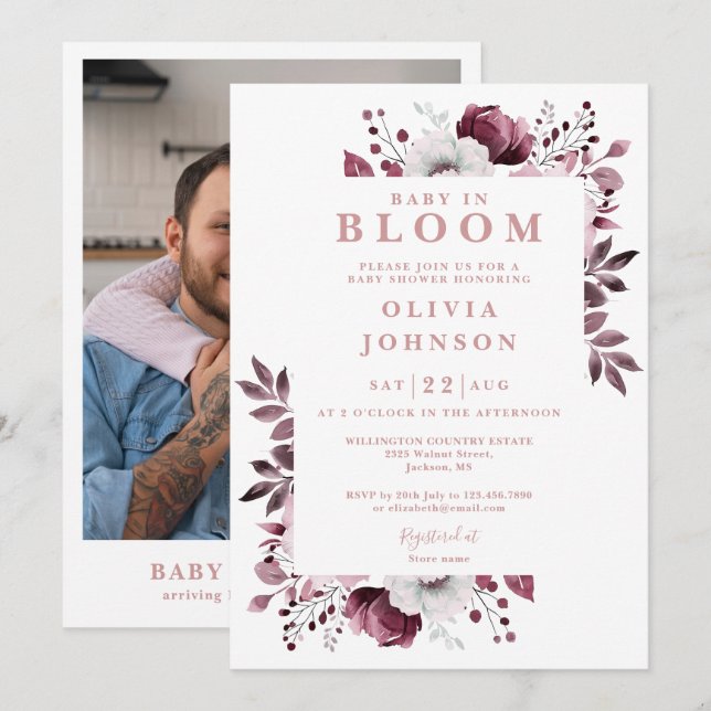 Baby In Bloom Pink Girl Floral Photo Baby Shower Invitation (Front/Back)