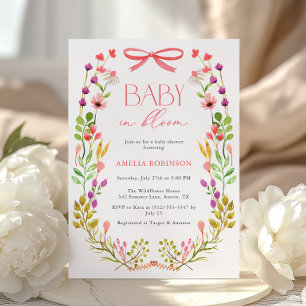 Baby in Bloom Pink Green Bow Floral Baby Shower Invitation