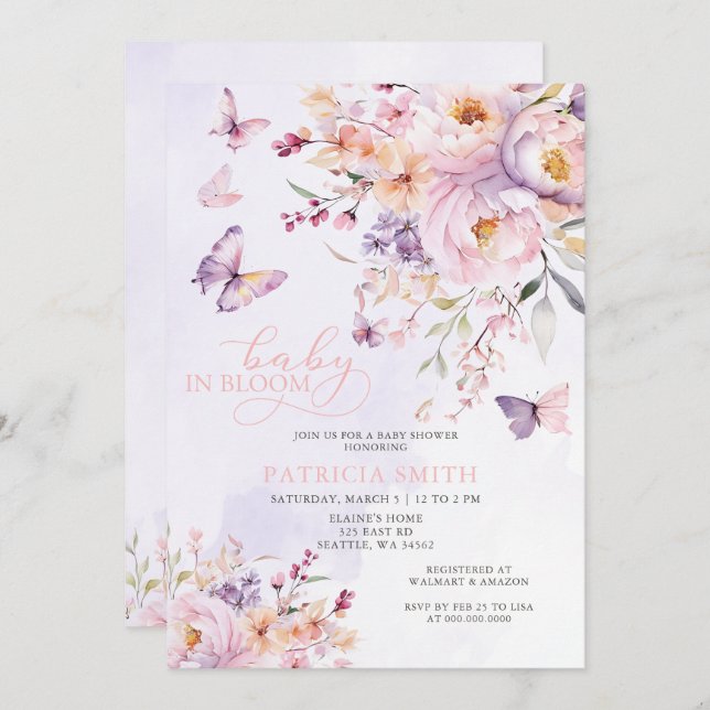 Baby in Bloom Pink Purple Butterflies Baby Shower Invitation (Front/Back)