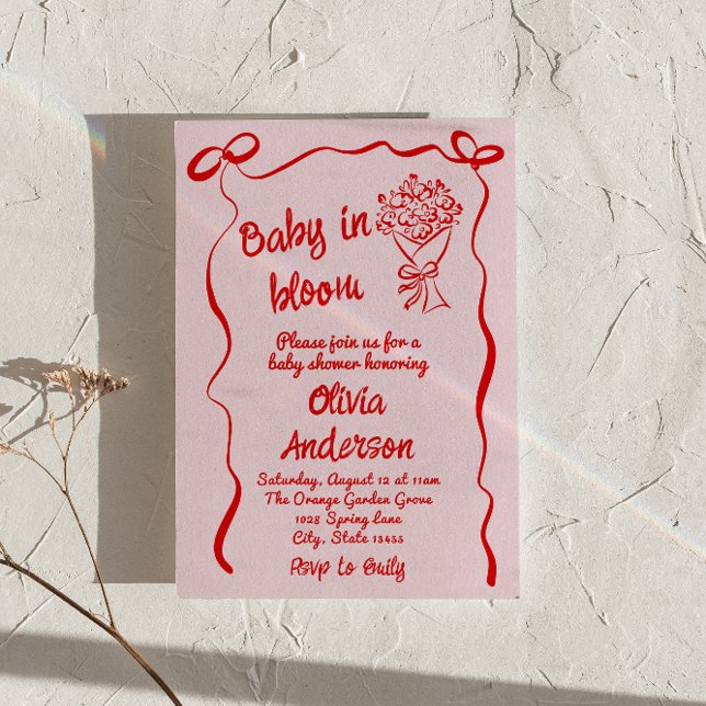 Baby in Bloom Pink Red Drawn Flower Bouquet Shower Invitation (Creator Uploaded)