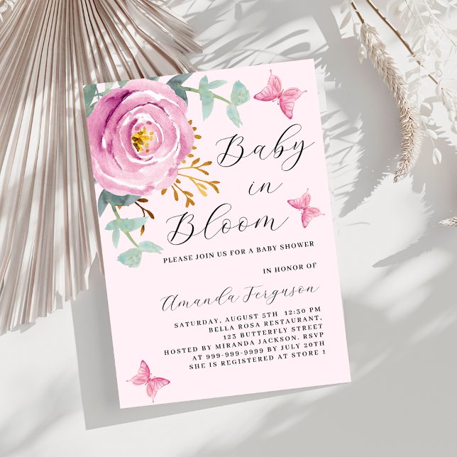 Baby in Bloom pink rose butterfly Baby Shower Invitation (Creator Uploaded)