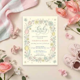 Baby in Bloom Pink Yellow Floral Girl Baby Shower Invitation