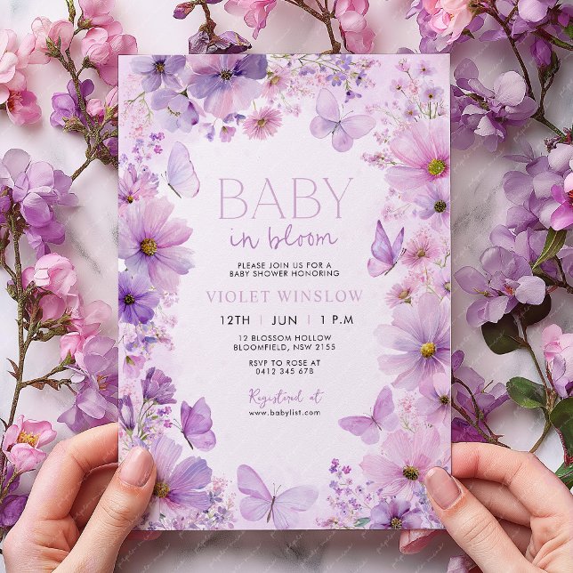 Baby in Bloom Purple Butterfly Baby Shower Invitation (Baby in Bloom Purple Floral Invitation Baby Shower Design. )