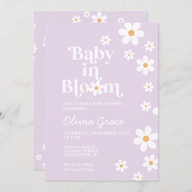 Baby in Bloom purple Daisy Baby Shower Invitation (Front/Back)