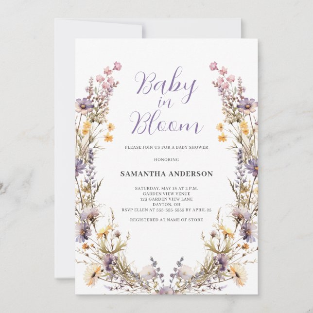 Baby In Bloom Purple Floral Girl Baby Shower  Invitation (Front)