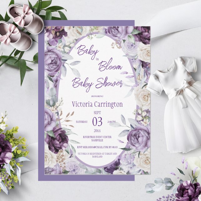 Baby in Bloom Purple Floral Modern Baby Shower Invitation (Creator Uploaded)