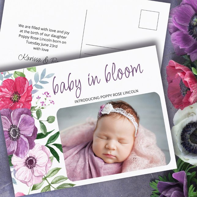 Baby in Bloom Purple Pink Flowers Photo Birth Announcement Postcard (Creator Uploaded)
