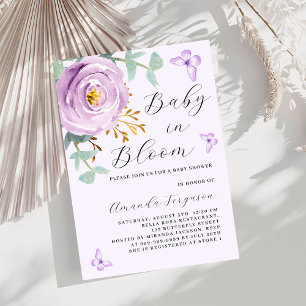 Baby in Bloom purple rose butterfly Baby Shower Invitation