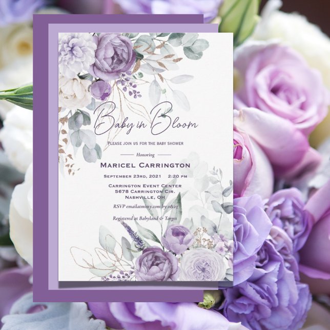 Baby in Bloom Purple Watercolor Modern Baby Shower Invitation (Creator Uploaded)