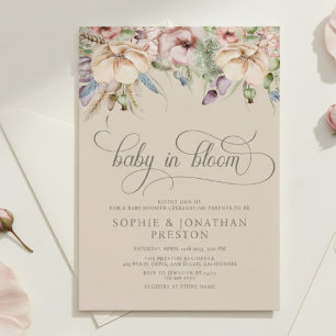 Baby In Bloom QR Beige Wildflower Baby Shower Invitation