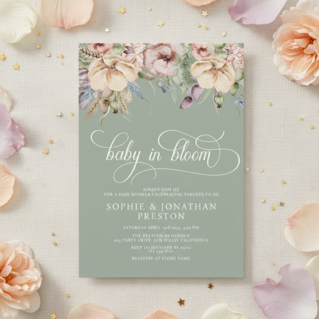 Baby In Bloom QR Sage Green Wildflower Baby Shower Invitation (Creator Uploaded)