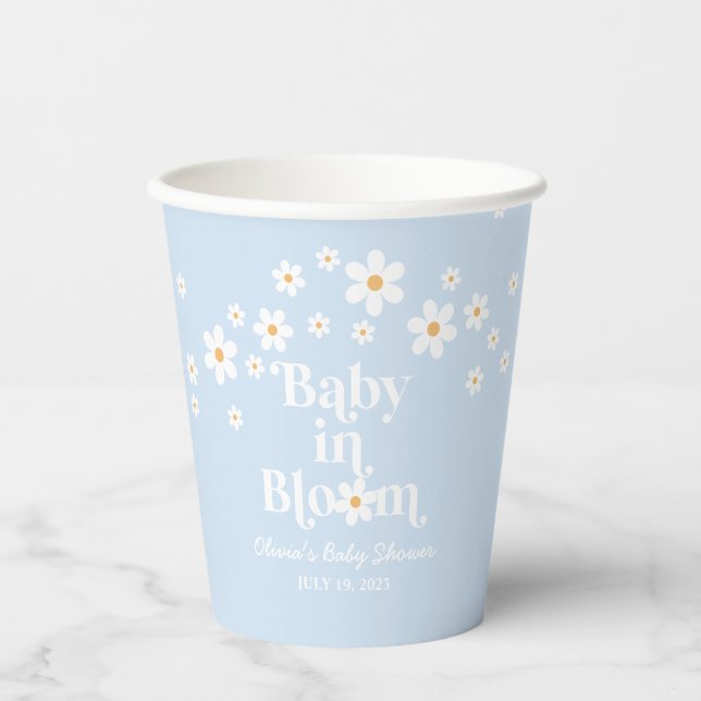 Baby in Bloom! Retro Daisy blue Baby Shower Paper Cups (Front)