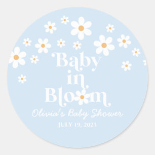 Baby in Bloom! Retro Daisy blue boho Baby Shower Classic Round Sticker
