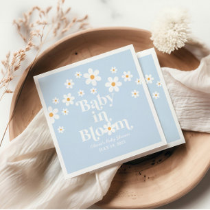Baby in Bloom! Retro Daisy blue boho Baby Shower Napkin