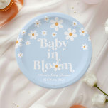 Baby in Bloom! Retro Daisy blue boho Baby Shower Paper Plate<br><div class="desc">Baby in Bloom! Retro inspired daisy baby shower plates with 70's style daisies and boho fonts and colour</div>
