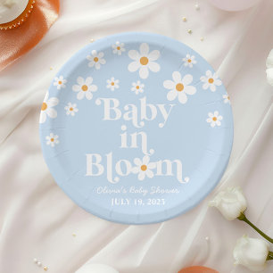 Baby in Bloom! Retro Daisy blue boho Baby Shower Paper Plate