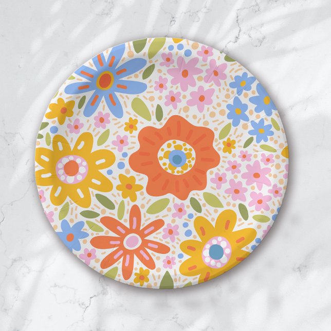 Baby in Bloom Retro Groovy Wildflowers Baby Shower Paper Plate (Creator Uploaded)