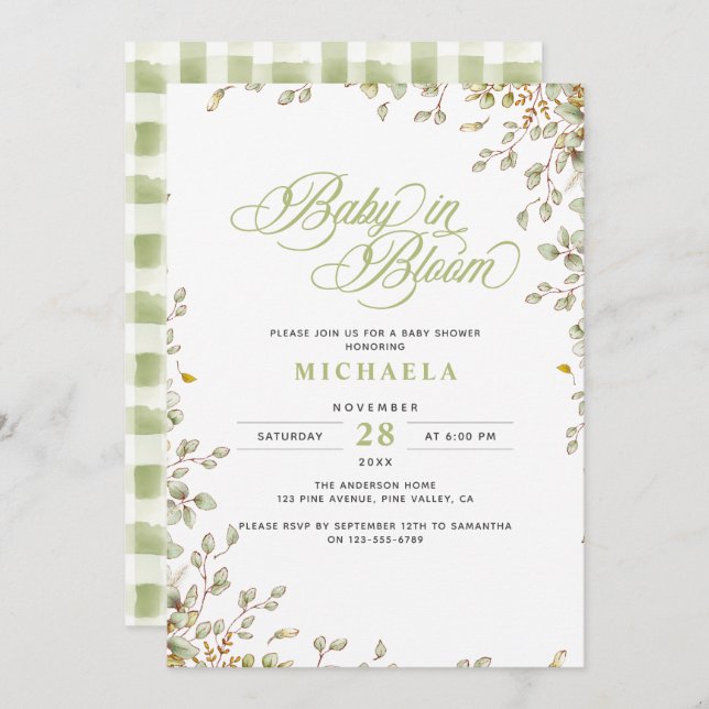 Baby In Bloom Rustic Baby Shower Watercolor Leaves Invitation (Front/Back)