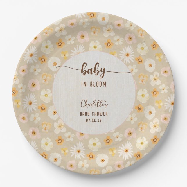 Baby in Bloom Rustic Pressed Flowers Baby Shower  Paper Plate (Front)