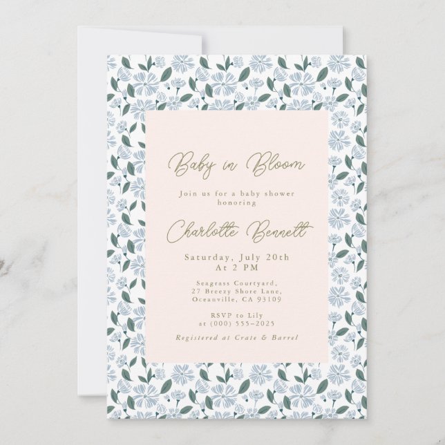 Baby In Bloom Sage & Dusty Blue Floral Baby Shower Invitation (Front)