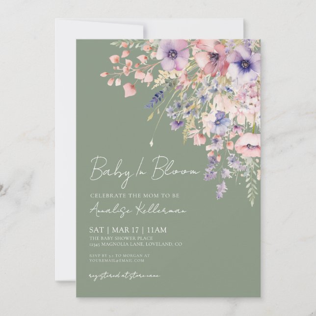 Baby In Bloom Sage Green Baby Shower Invitation (Front)
