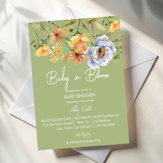 Baby in bloom sage green baby shower  invitation (Baby in bloom sage green yellow blue wild flowers summer baby shower invitation cards template)