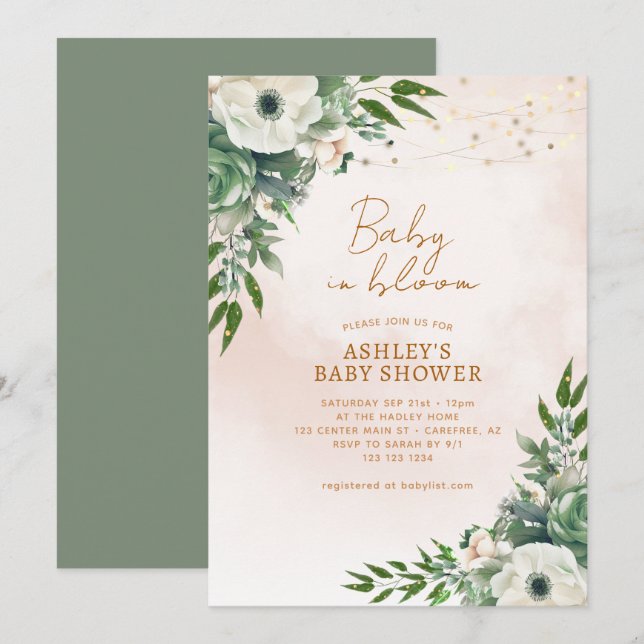 Baby in Bloom Sage Green Baby Shower Invitation (Front/Back)