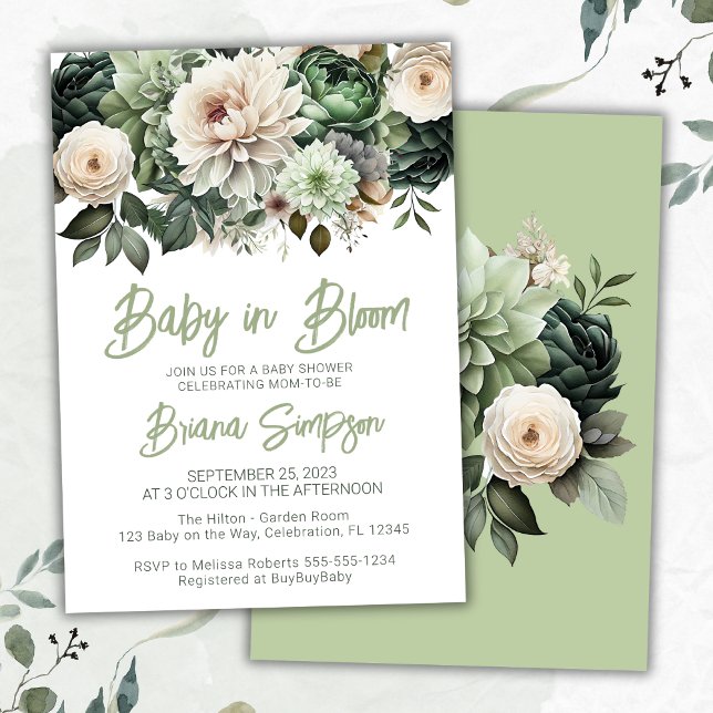 Baby in Bloom Sage Green Floral Baby Shower Invitation (Creator Uploaded)