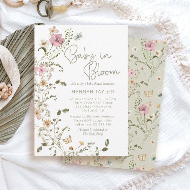 Baby in Bloom Sage Green Floral Girl Baby Shower Invitation (baby in bloom spring baby shower invitations)