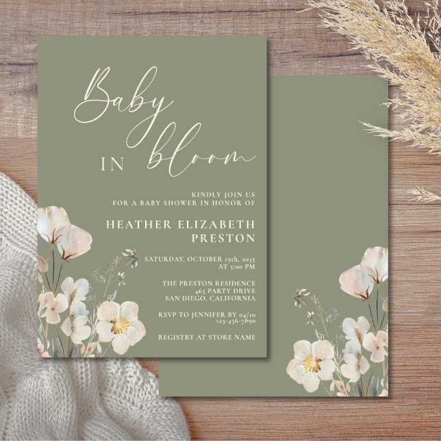 Baby In Bloom Sage Green Wildflower Baby Shower Invitation (Creator Uploaded)