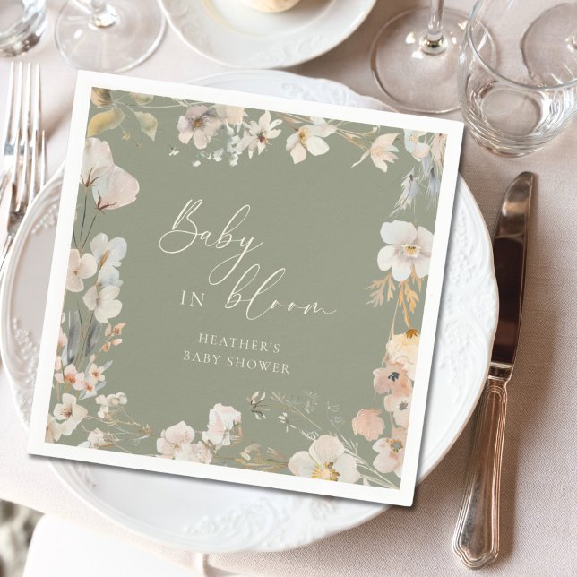 Baby In Bloom Sage Green Wildflower Baby Shower Napkin (Creator Uploaded)