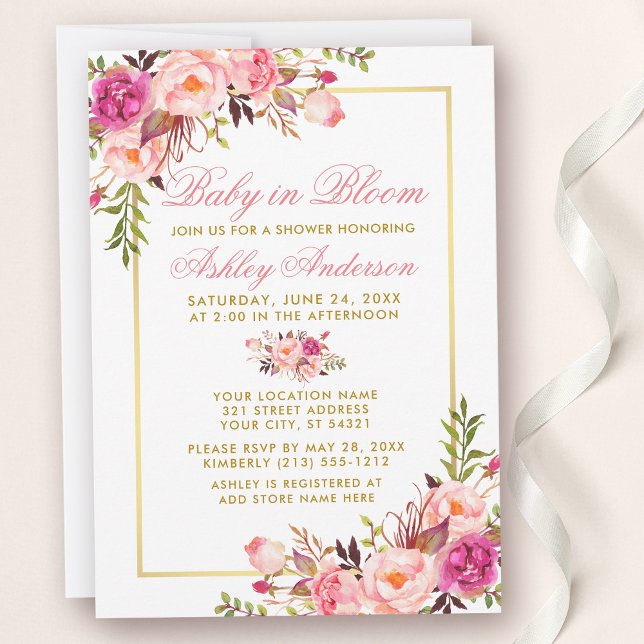Baby In Bloom Shower Gold Pink Blush Floral  Invitation (Customize to change text color, size or text style.)