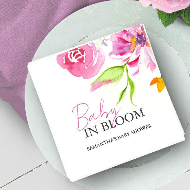 Baby In Bloom Shower Watercolor Flowers Napkin (Baby in bloom baby shower napkin pink watercolor florals by Victoria Grigaliunas Do Tell A Belle)