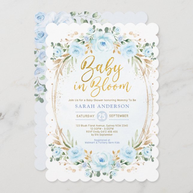 Baby in Bloom Soft Blue Gold Floral Boy Shower Invitation (Front/Back)