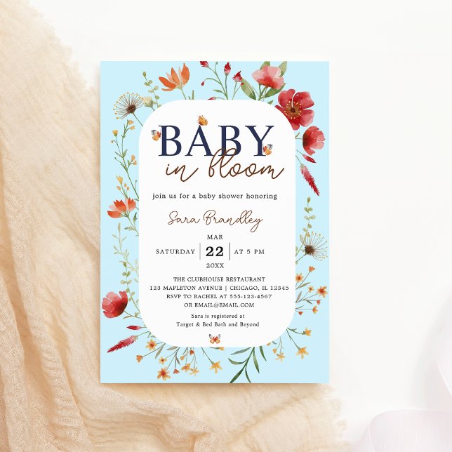 Baby in Bloom Soft-Blue Wildflowers Baby Shower  Invitation (Baby in Bloom Soft Blue Boho Watercolor Wildflowers Butterfly Baby Shower Invitation
)