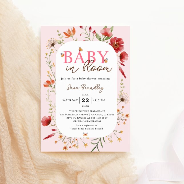 Baby in Bloom Soft-Pink Wildflowers Baby Shower Invitation (Baby in Bloom Soft Pink Boho  Wildflowers Butterfly Baby Shower Invitation
)