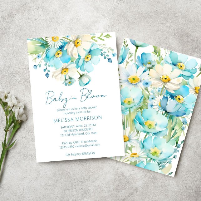 Baby in bloom spring summer flowers baby shower invitation (Baby in bloom spring summer flowers baby shower template invitation digital download blue daisies)